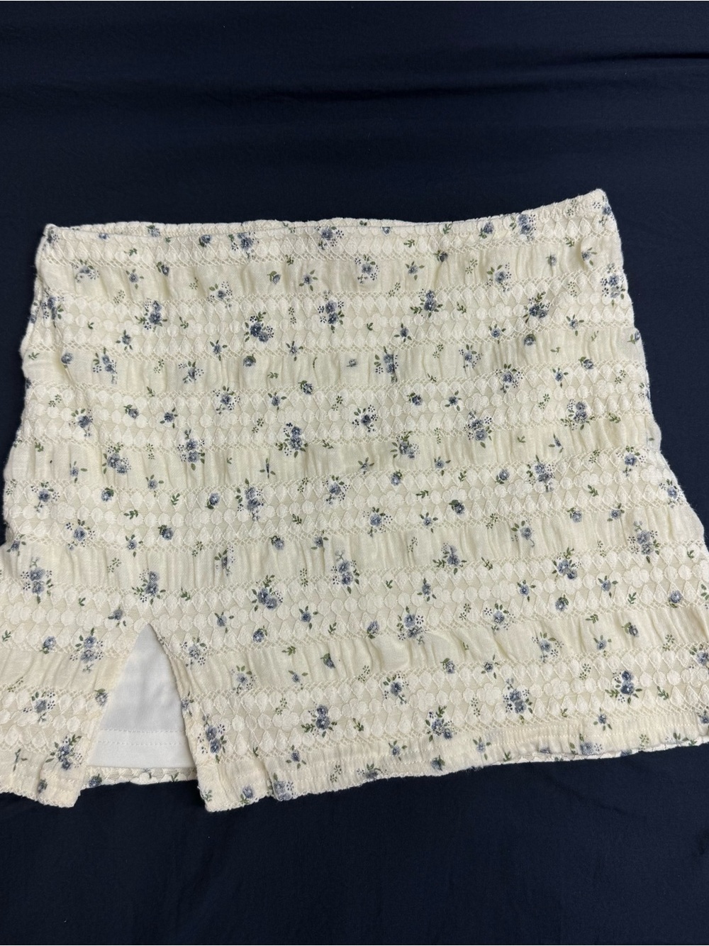 Smocked Floral Mini Skirt in Cream with Blue Flowers